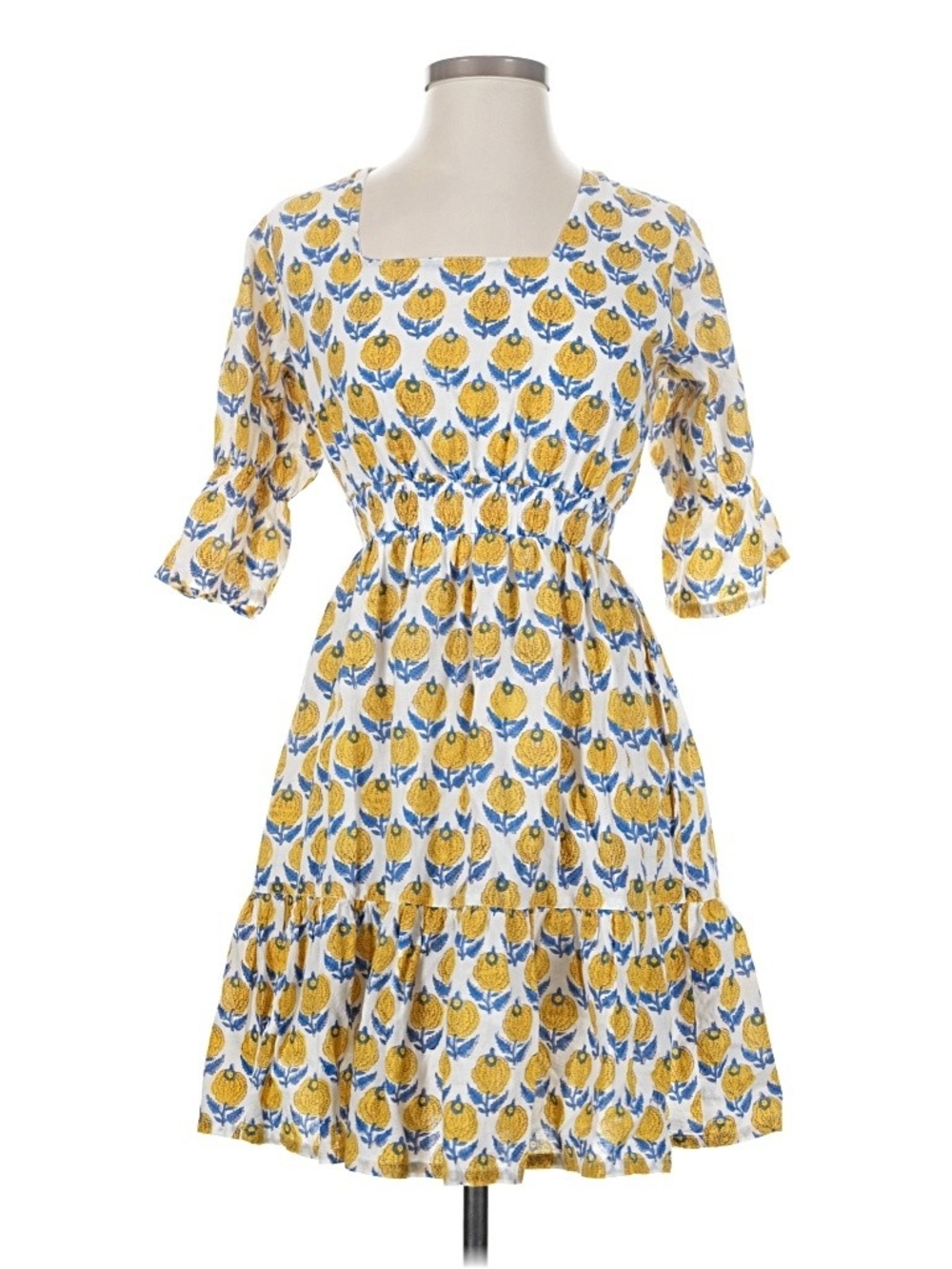 Madison Mathews Renee Dress in Marigold/White/Blue Size Small